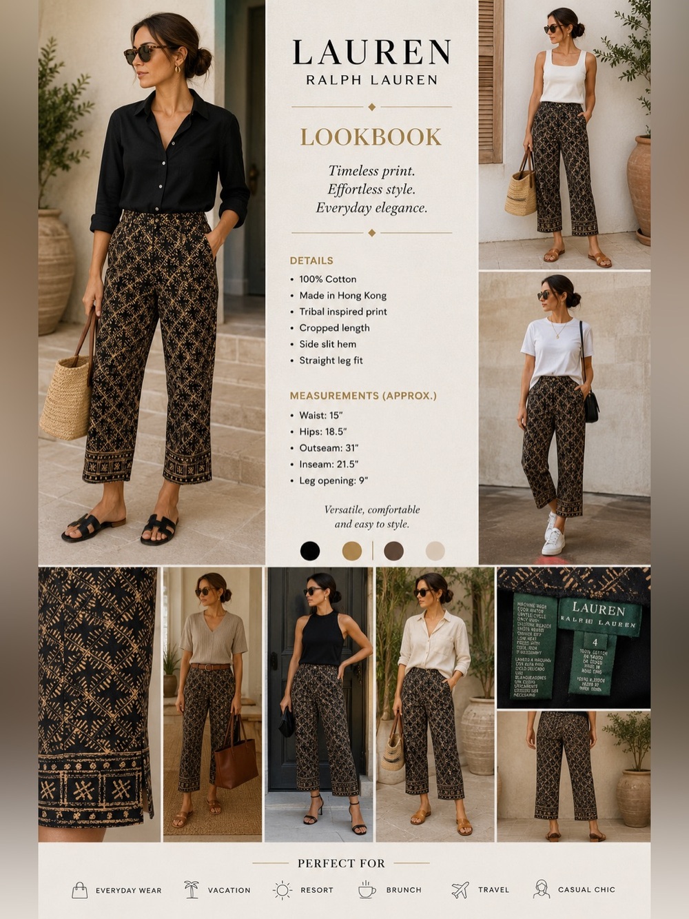 Ralph Lauren Black & Tan Tribal-Print Cropped Pants
